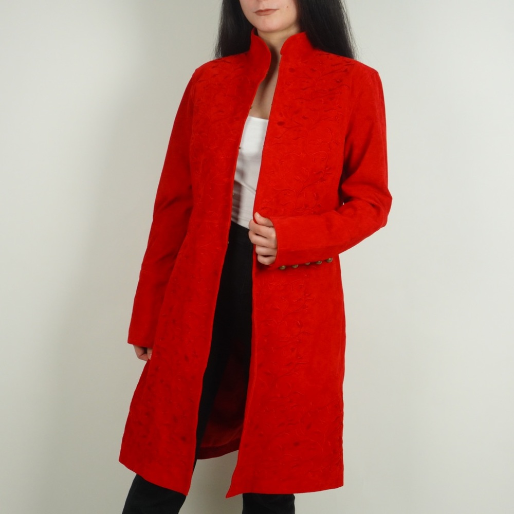 Red Suede Long Leaf Floral Embroidery Jacket